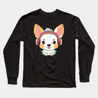 Cute little dog wearing a headphones listening to music Long Sleeve T-Shirt